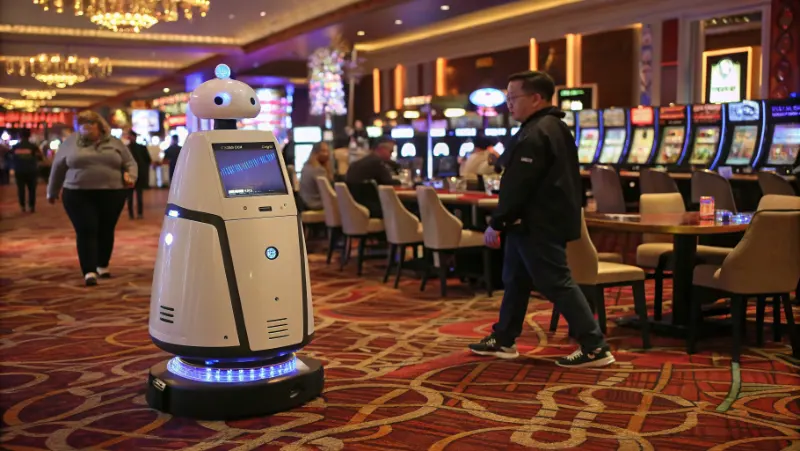 Service robot navigating through casino floor with guests